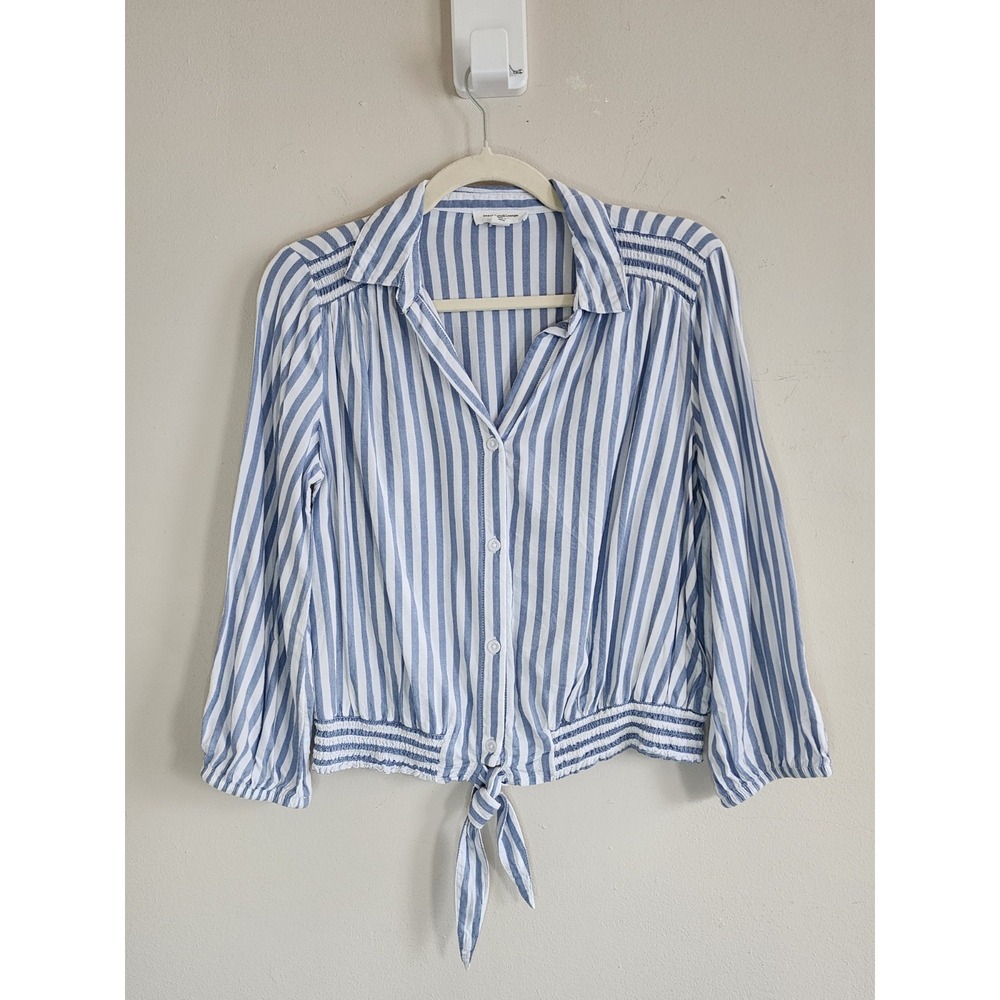 Womens Striped Tie Front Button Down Shirt Small Casual Classic Resort Wear Chic - Picture 1 of 6